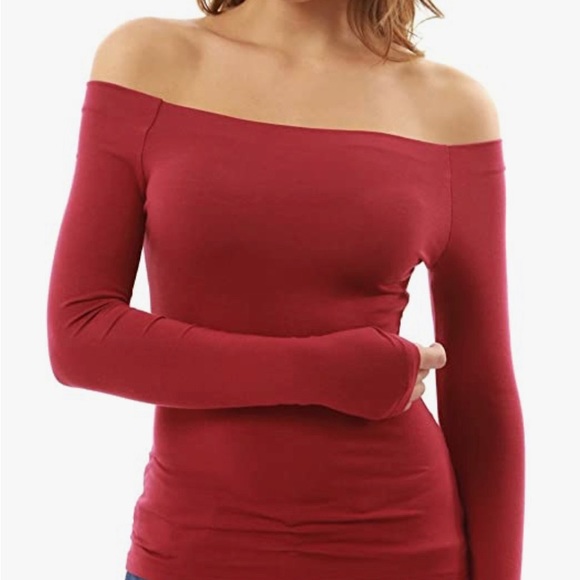 PattyBoutik Women Off Shoulder Long Sleeve Top (Deep Red M) - Picture 3 of 4